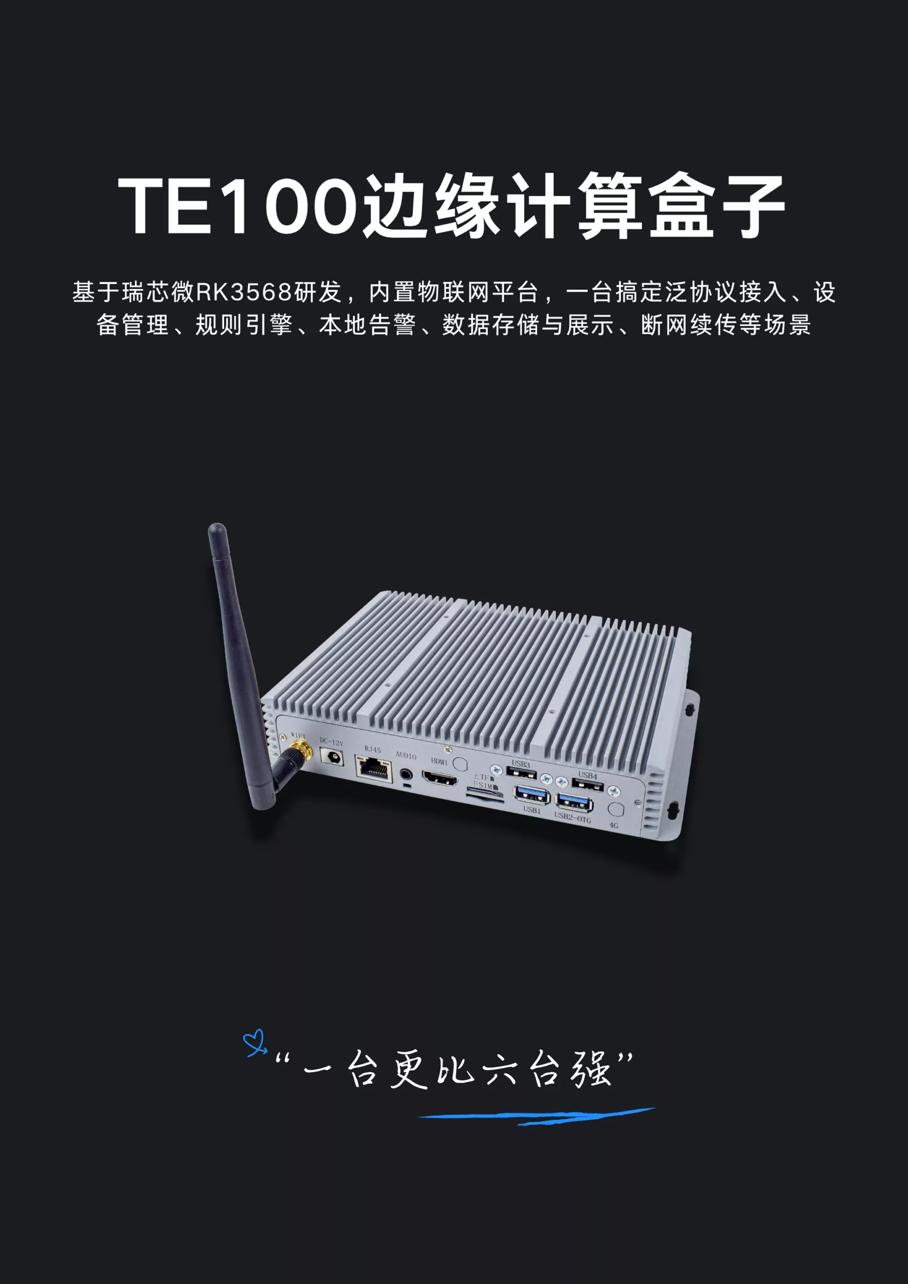 TE100 edge computing box with antenna and I/O ports shown against a dark background, conveying its function as an edge device.