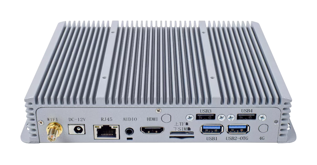 Rugged mini PC with aluminum cooling fins; back panel shows Wi‑Fi antenna, 12V power, Ethernet, HDMI, USB 3.0/2.0 ports, micro SD/TF card slot, and 4G SIM area.