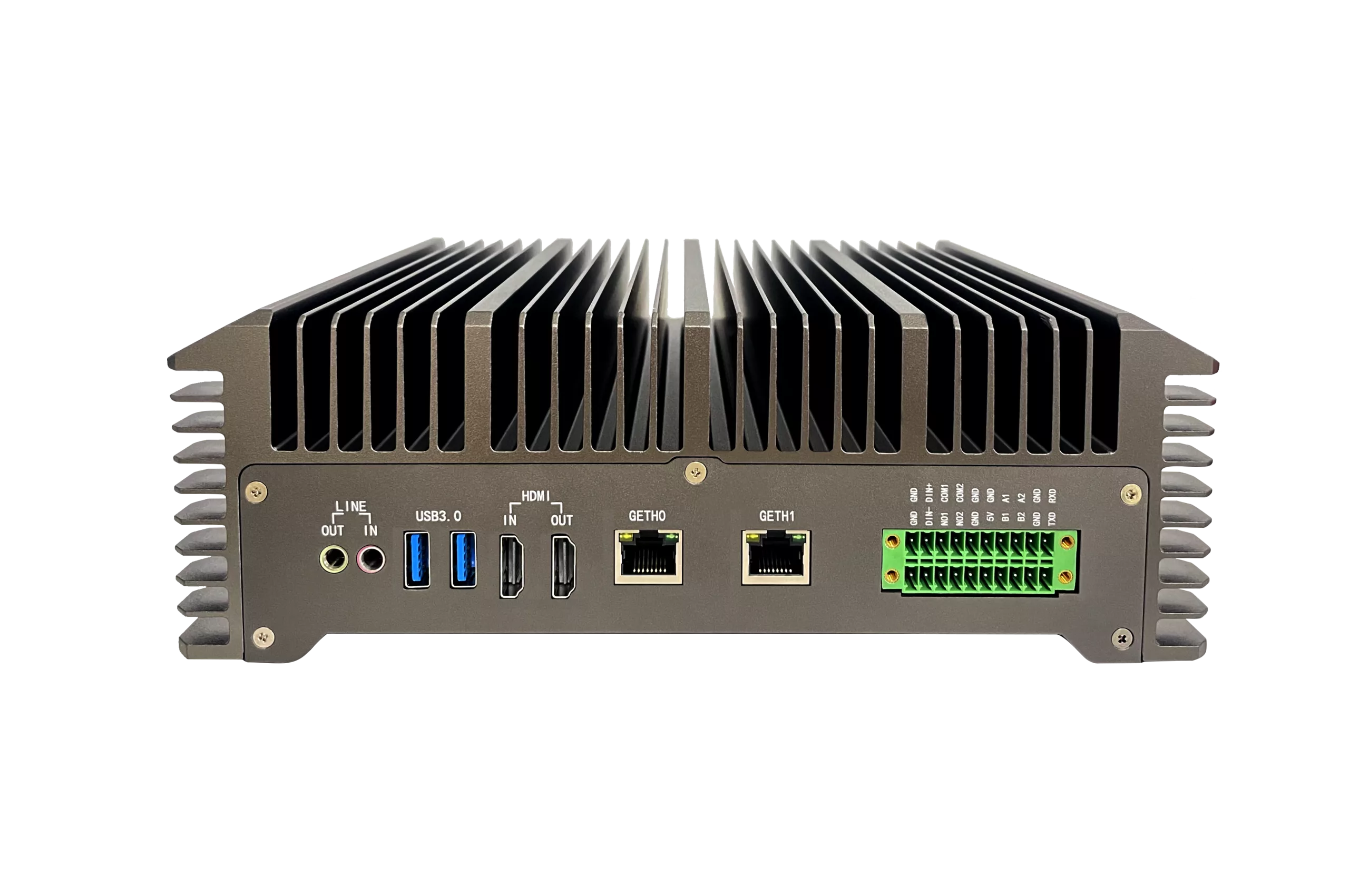 Rear view of a rugged industrial device with a large aluminum fin heatsink, showing multiple I/O ports (USB 3.0, HDMI, Ethernet) and a green terminal block on the right side.