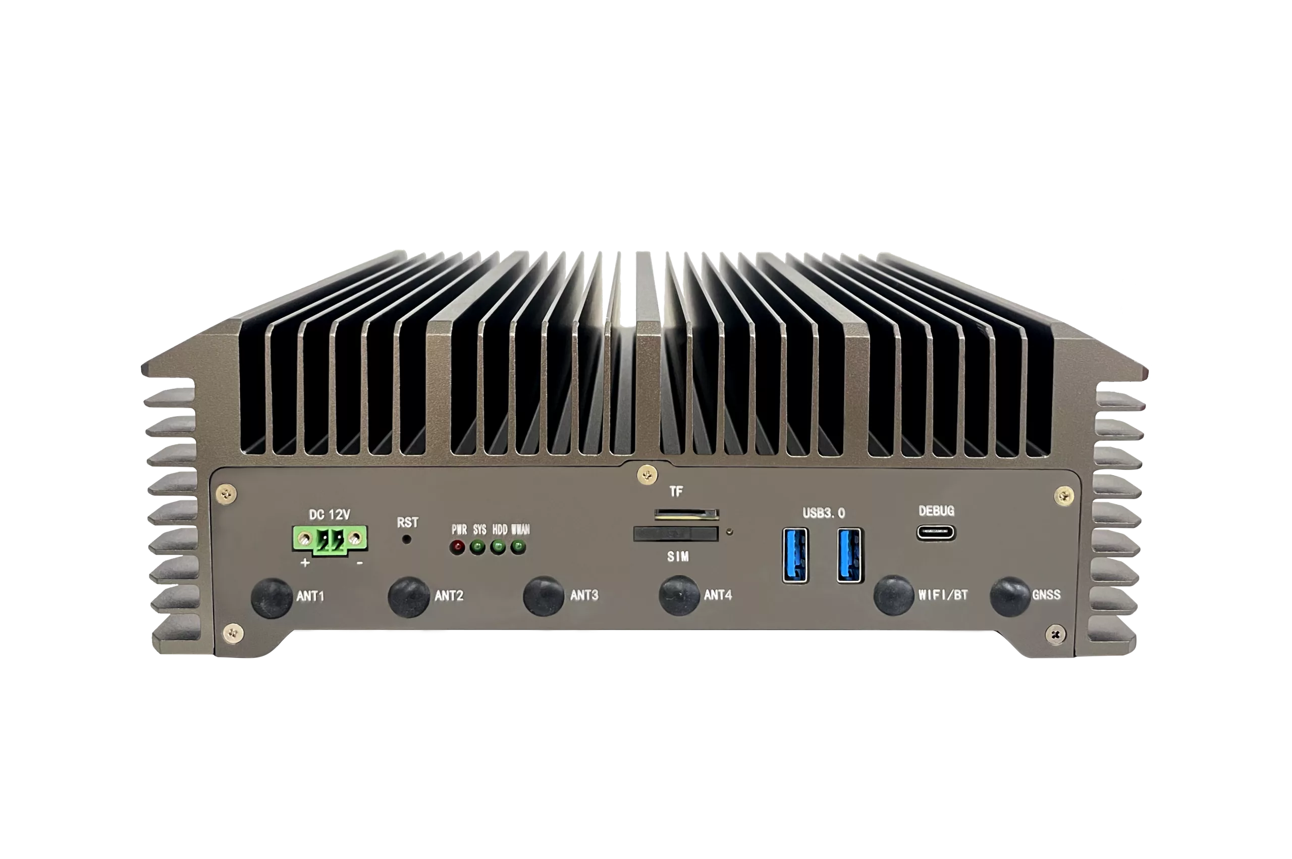 Front view of a rugged, fanless embedded PC with a tall aluminum heatsink and I/O panel showing DC 12V, USB 3.0, SIM, TF, and antenna ports ANT1–ANT4.